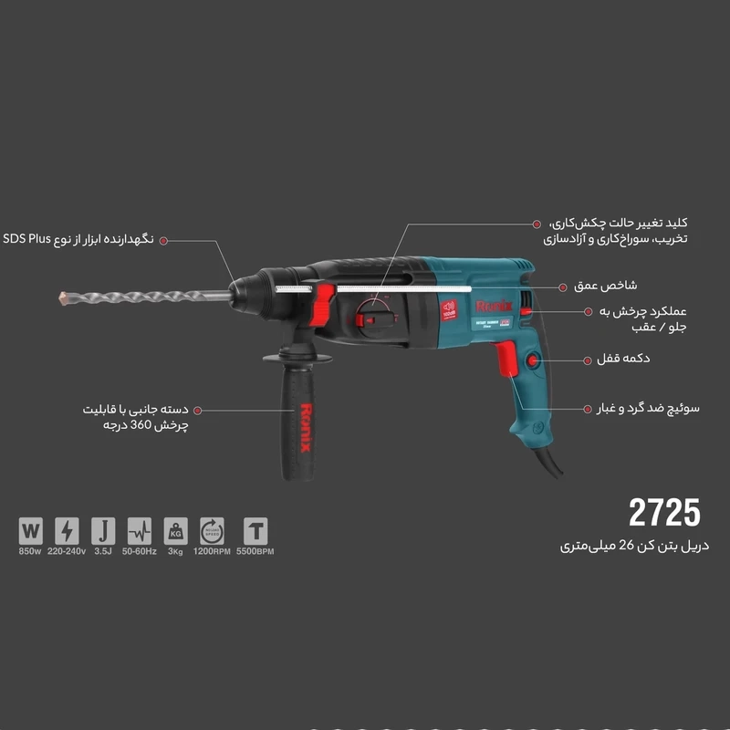 دریل بتن کن رونیکس مدل 2725 همراه با گارانتی 12 ماهه شرکت رونیکس